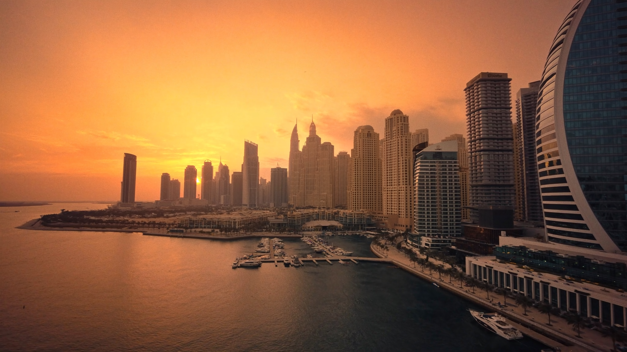 Dubai Marina skyline at sunset
